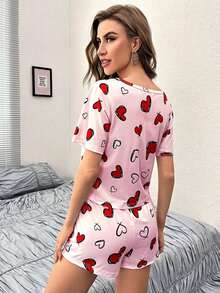 2pcs/Set Women Heart Print Cute Sexy Sleepwear, Round Neck Short Sleeve Top And Shorts Pajamas, Casual Loungewear Set Suitable For Spring, Summer, All Seasons - Multicolor - View 2