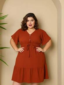 Batwing Dress Plus Size Midi Short Sleeve Duna Fabric Size U/G1 From 44 To 50 With Front Buttons Fashion Elegant Simple Casual Elegant Party Ruffle Hem Buttons On The Front Knot Wedding - 赤土橙色 - 查看 1