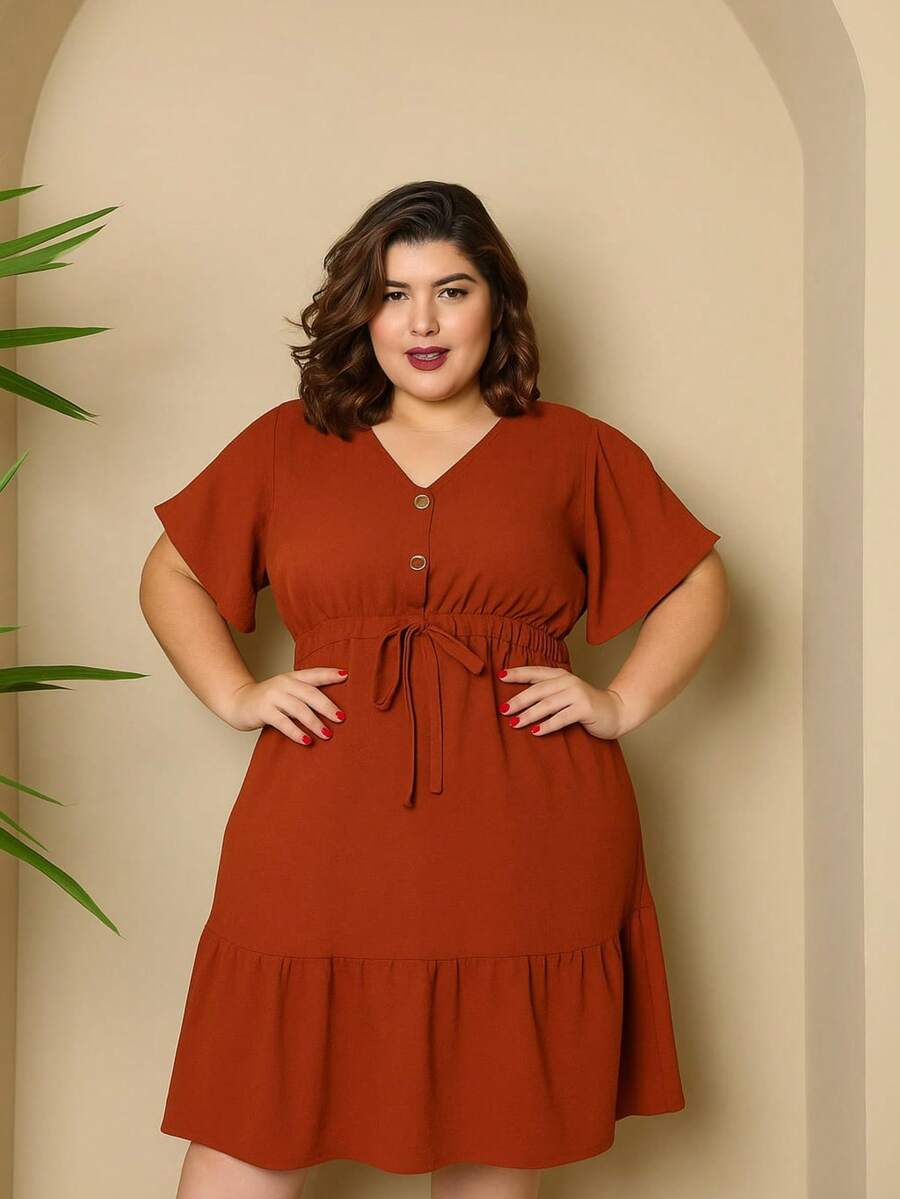 Batwing Dress Plus Size Midi Short Sleeve Duna Fabric Size U/G1 From 44 To 50 With Front Buttons Fashion Elegant Simple Casual Elegant Party Ruffle Hem Buttons On The Front Knot Wedding - 赤土橙色 - 查看 1