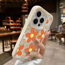 Funda para teléfono (1 unidad) Fondo blanco con flores naranjas y purpurina | Funda brillante para phone 11/12/13/14/15/16 - Rosa - Ver 7