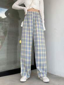 Pantalones de rayas a cuadros para mujer Pantalones sueltos de diario Casual Sports de pierna ancha - Azul - Ver 2