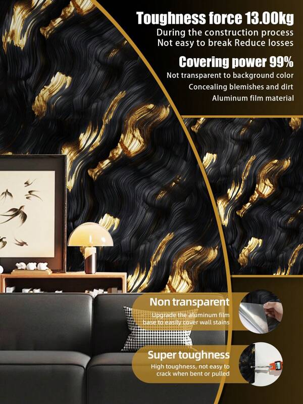 1 Roll (1m/3m/5m) Retro Black Gold Foil Swirling Fashion Art Wallpaper, Removable And Self-Adhesive Contact Paper, Vinyl Wallpaper, Waterproof, Washable, DIY Home Decor For Kitchen, Bedroom, Study, Living Room, Bathroom, Cabinet, Table, Room Renovation