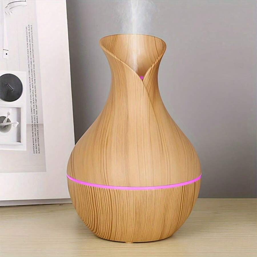 Acoustic Technology Vase Humidifier With 7-Color LED Night Light - Wood Grain And Starry Sky Roof Design, Silent Operation, Automatic Shutdown, USB Power Suitable For Home, Office, Bedroom Decoration, Made Of Plastic Material,Halloween Gifts - 淺色 - 查看 1
