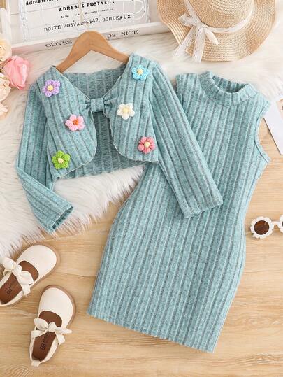 Conjunto de 2 peças de roupa casual de malha floral para meninas, tecido macio e confortável, decoração floral e detalhe de laço para dar um toque de doçura, adequado para uso diário e brincadeiras de fim de semana, serve para crianças de 4 a 7 anos, outono/inverno