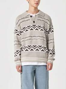 New Casual Loose Knit Sweater With Button Collar, Unisex American Street Style, Suitable For Spring, Autumn And Winter - Apricot - View 5