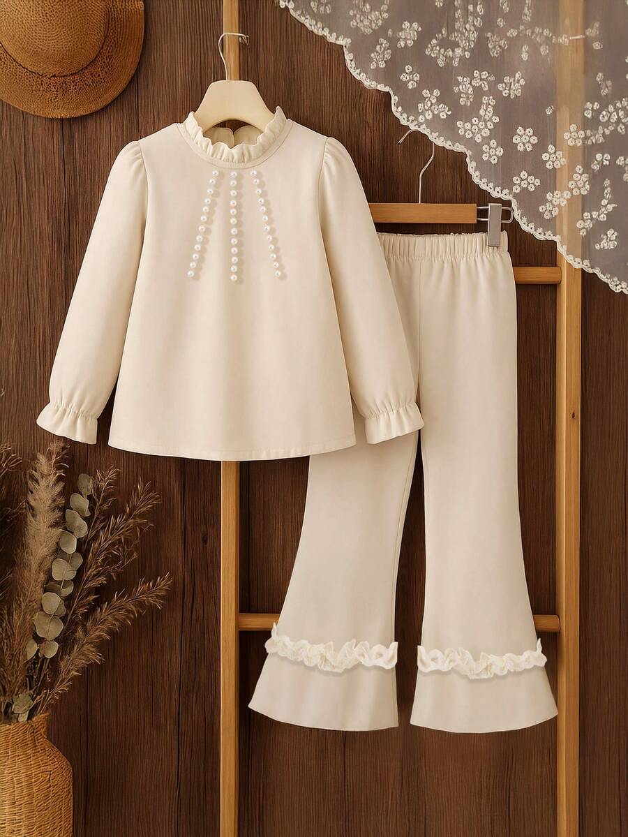 Conjunto de camisa de manga larga con cuello de volantes con cuentas y pantalones anchos de pierna ancha con dobladillo de volantes para niñas - Albaricoque - Ver 1