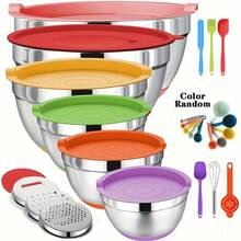 TAIMASI Mixing Bowls With Airtight Lids Set, 26PCS Stainless Steel Khaki Bowls With Grater Attachments, Non-Slip Bottoms & Kitchen Gadgets Set, Size 7, 4, 2.5, 2.0,1.5, 1QT, Great For Mixing & Serving - 彩色 - 查看 2