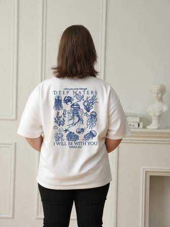 Plus Size Women's Summer Plus Size White Marine Life And Slogan Graphic Round Neck Short Sleeved T Shirt ,Casual Loose And Versatile Holiday Style Tops,Fashionable Summer Outfits Suitable For Daily Holiday Wear