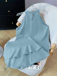 夏季女式两件套，无袖露背上衣和荷叶边下摆裙套装 - 藍色兩件套裝 - 查看 7