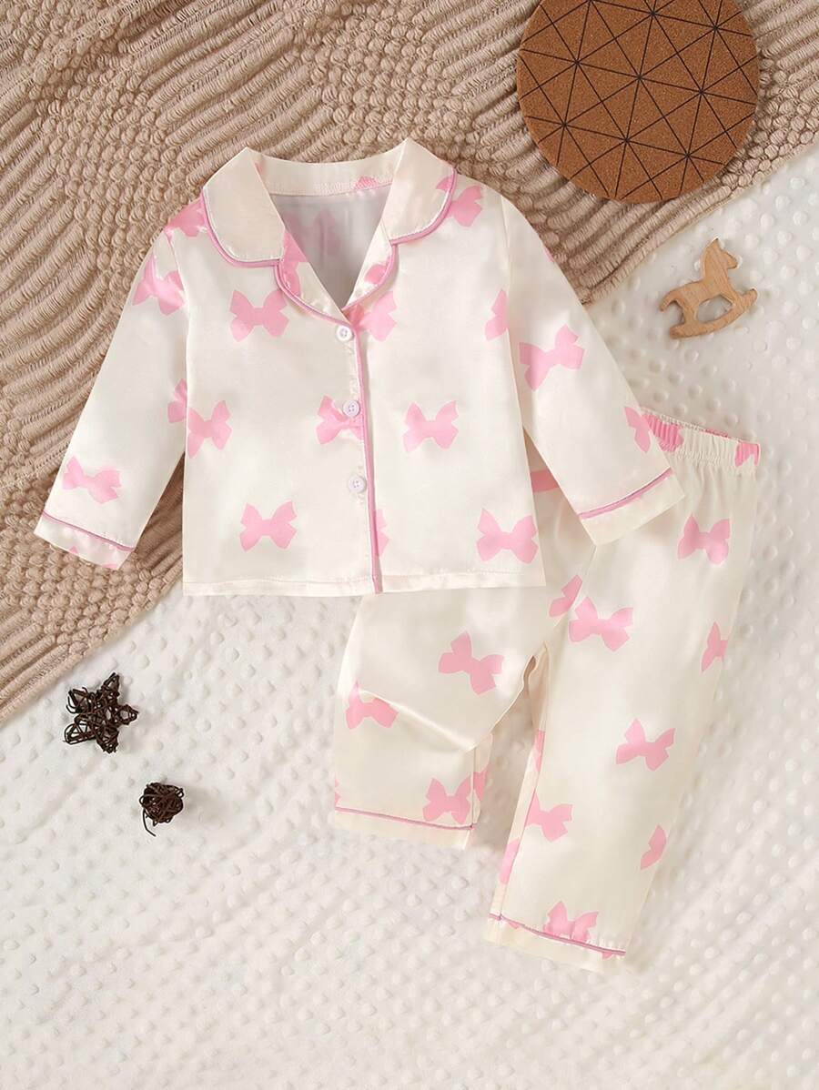 Cute Heart Print Long Pajama Set For Baby Girl