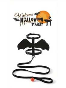 猫狗万圣节蝙蝠翼宠物背带套装（含配套牵引绳）- 可调节涤纶服装 - 黑色 - 查看 3