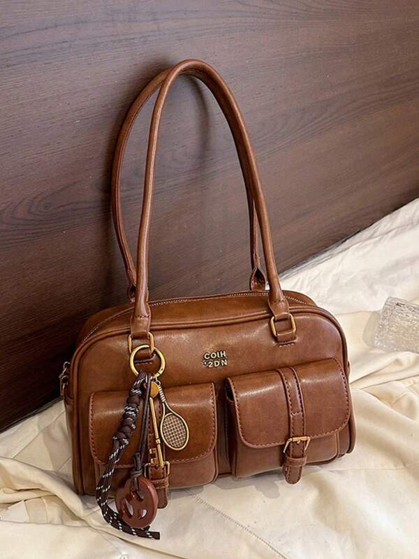 حقيبة كتف جلد صناعي (بي يو) ذات لون أحادي كلاسيكي للنساء، سعة كبيرة مع جيوب متعددة، تأتي مع إكسسوار قابل للفصل