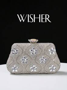 Luxurious Sequin & Rhinestone Decorated Clutch Bag, Floral & Diamond Design, Suitable For Formal Occasions, Party/Wedding/Graduation, Shiny Evening Handbag With Chain - Silver - View 1