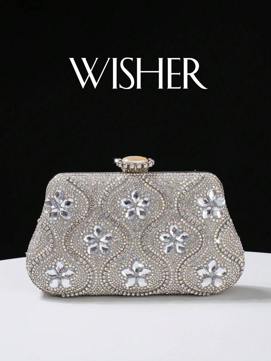 Luxurious Sequin & Rhinestone Decorated Clutch Bag, Floral & Diamond Design, Suitable For Formal Occasions, Party/Wedding/Graduation, Shiny Evening Handbag With Chain - Silver - View 1