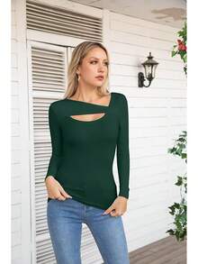 Womens Fashion Fall Cutout Long Sleeve Ribbed Slim Fitted Tops Shirts Tee Tshirts - 長暗綠色 - 查看 2