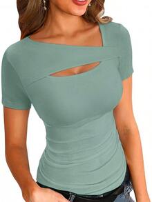 Womens Fashion Fall Cutout Long Sleeve Ribbed Slim Fitted Tops Shirts Tee Tshirts - Short-moss Green - View 1