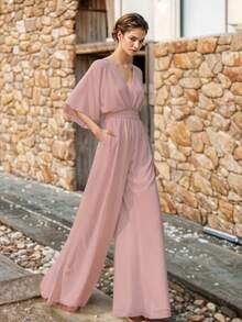 Palazzo Largo Ajustado de Escote V con Mangas Largas y Pierna Ancha para Mujer - Rosa Pálido - Ver 3