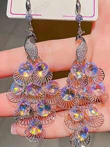 1 对孔雀仿水晶耳环，简约色彩动物耳坠，轻盈奢华小众百搭 - 藍色 - 查看 3