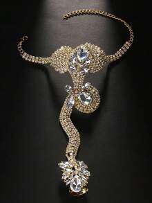 1pc Silver & Diamond Rhinestone Snake Finger Chain Bracelet, Fashion Party Jewelry - Silver - View 3