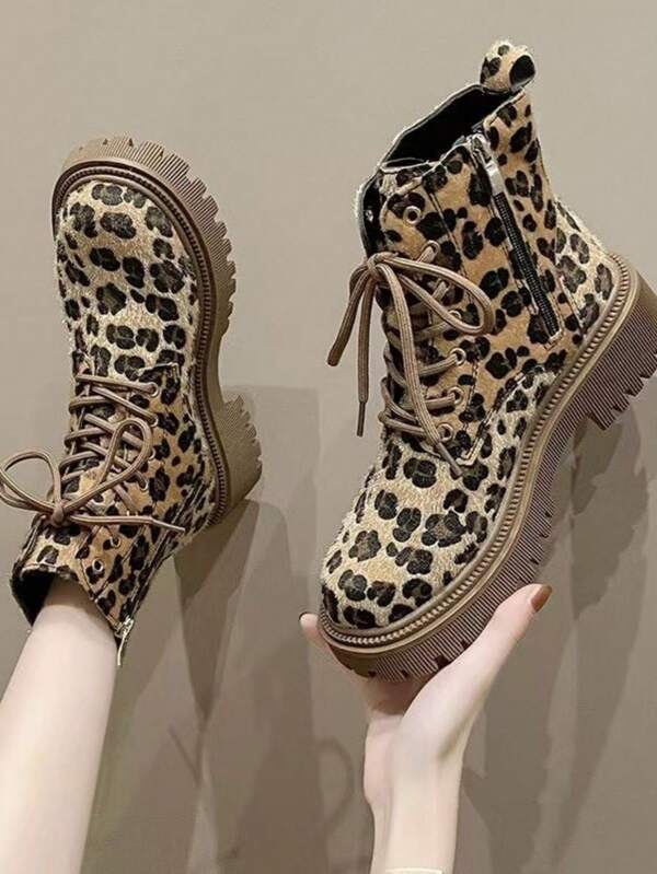 Botas de Tornozelo Curtas com Salto Grosso e Estampa de Onça Plus Size para Adolescentes e Meninas, Efeito de Ajuste Justo, Adequado para Primavera e Outono