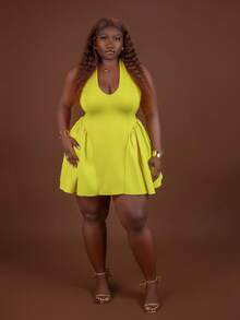 Tildaharris Plus Size Women Tied Back Halter Backless Dress, For Hourglass Body Shape, For Summer - Mustard Yellow - View 7