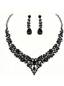 3pc [Artificial Crystal Jewelry] Artificial Crystal Bridal Jewelry Set | Necklace Earrings | Wedding Party Costume Accessories Ladies Gift - 黑色 - 查看 4