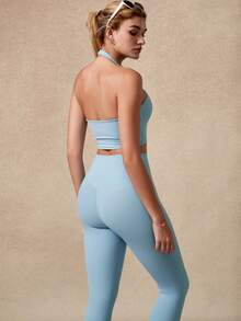 NcmRyu 1套女士性感露背吊带背心和紧身裤运动套装 - 藍色 - 查看 5