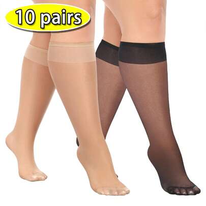 5/10/20 Pairs Women's Ultra-Thin Sheer Pantyhose, Black & Apricot Semi-Transparent Knee-High Socks, Fashionable & Versatile Thin Socks For Summer, Suitable For Outdoor Sports, Parties, Holidays, Street Style, Daily Wear