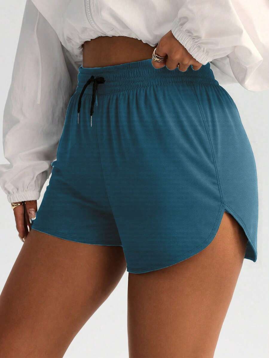 女士休闲宽松纯色短裤套装,适合户外健身、运动、休闲和时尚穿着。裤脚开衩,弹性腰带,七分裤长,适合春夏季节穿着。 - 藍色 - 查看 1