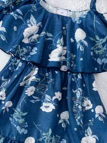 女童花卉印花吊带连衣裙，时尚休闲日常装，夏季 - 藍色 - 查看 6