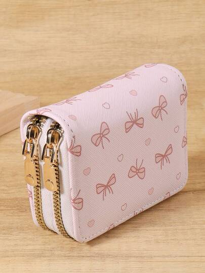 Pink Bow Heart Pattern Multi-Function Coin Purse, Dual Zipper Card Holder, Multi-Card Slot Card Case, Can Store Credit Cards, Lightweight & Minimalist, Fashion & Modern, Business Versatile, Suitable For Anniversary, Christmas, Valentine's Day, Birthday And Other Occasions, Also Can Be Gift For Lover, Female, Girl, Lady, Or As Backpack, Dorm And Back To School Supplies