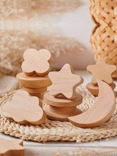 6pcs Home Drawer Handles, Cloud, Star & Moon Shapes, Suitable For Kids Room, Wardrobe, Cabinet, Shoe Cabinet, Made Of Wooden Plastic Composite, Single Hole Handle With Screws