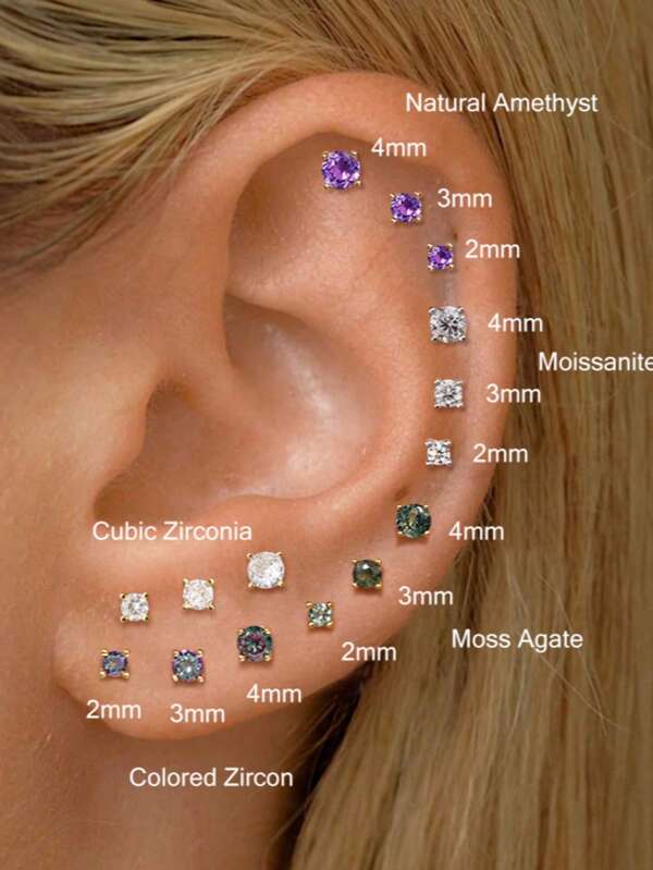 1PC 925 Sterling Silver Classic 4 Prong Setting 2/3/4mm Color Gemstone Flat Back Cartilage Helix Piercing Fine Jewelry For Daily Wear Wedding Party Engagement Anniversary Valentine's Day