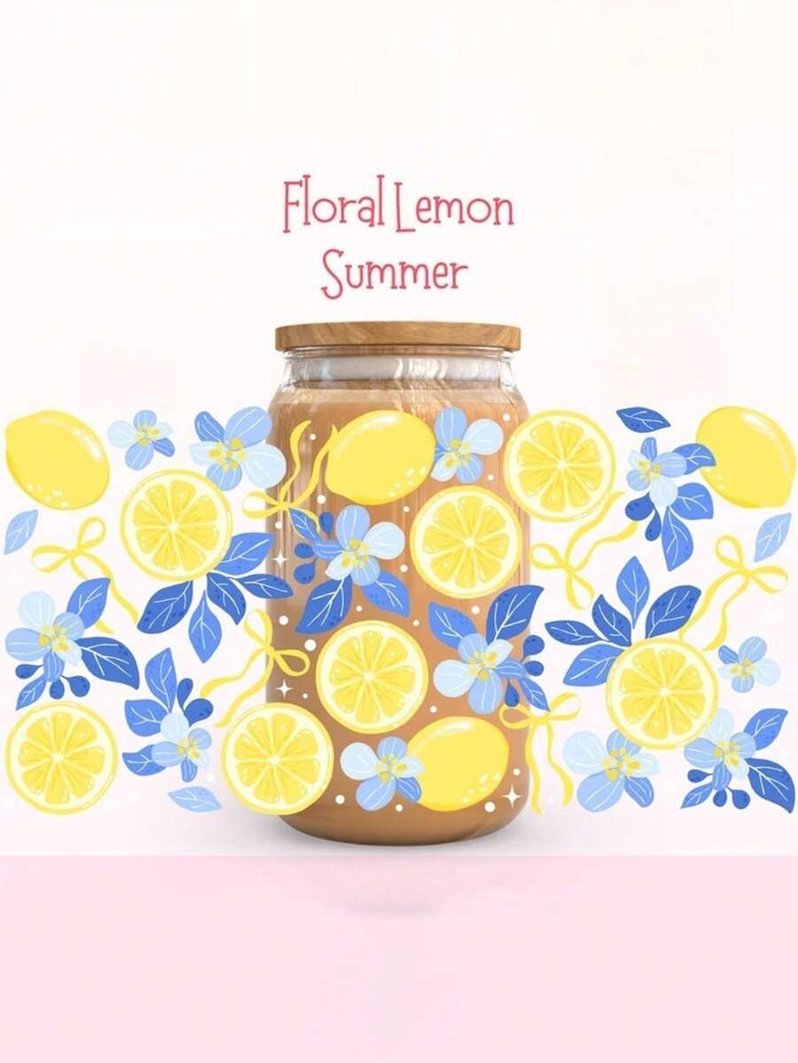 Summer Lemon Floral UV DTF Transfer Sticker Libbey Glass Cups Wraps Rub On Transfer Sticker For 16oz Glass Cup Waterproof Sticker, Summer Drink Cup Wrap, Bottle Coffee Mug Cup Self-Adhesive Sticker, Laptops Greeting Cards Decal Stickers, Suitable For Any Hard Surface Transfer Decals Supplies - Yellow - View 1