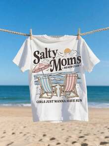 Salty Moms Women's Graphic T-Shirt For Beach Club, Colorful And Comfortable T-Shirt, Beach Club T-Shirt, Fashionable Beach T-Shirt, Summer T-Shirt Top - White - View 3