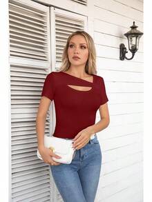 Womens Fashion Fall Cutout Long Sleeve Ribbed Slim Fitted Tops Shirts Tee Tshirts - Short-wine Red - View 7