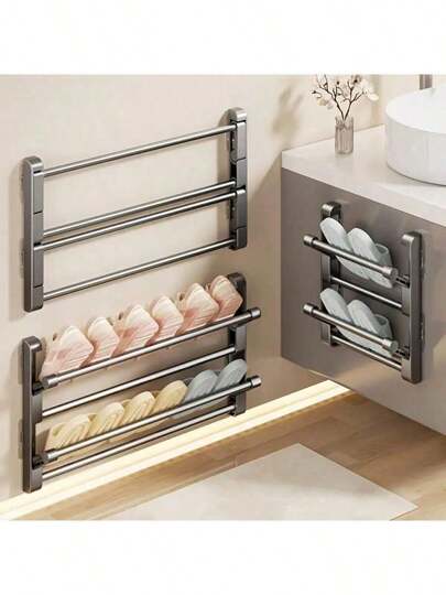 Wall-Mounted Slipper Rack - Aluminum, No-Drill, Dual-Tier Bathroom & Toilet Shoe Organizer With Drainage, Space-Saving Foldable Design