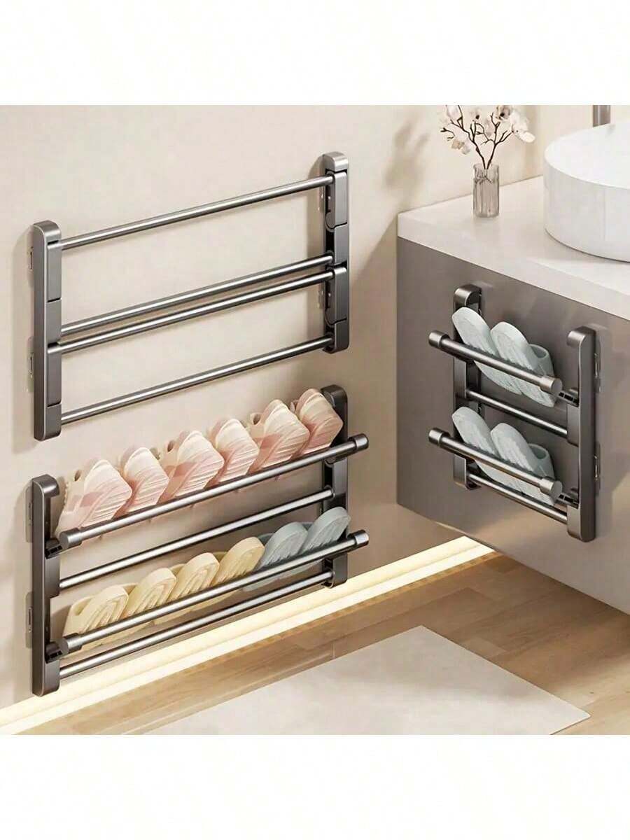壁挂式拖鞋架 - 铝制，无需钻孔，双层浴室和卫生间鞋子收纳架，带排水功能，节省空间的可折叠设计