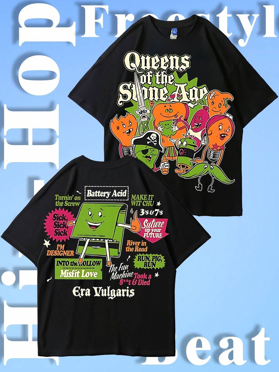 EWH Men's T-Shirt, Queens Of The Stone Age Band Graphic, Colorful Cartoon Print, Loose Fit, Short Sleeved, Rock Band Merchandise SM01 - 黑色 - 查看 1
