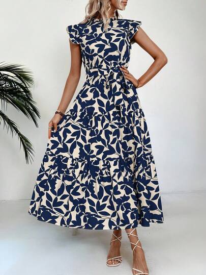 Vestidos Largos Casuales Elegantes Fiesta Moda Ropa Mujer,Vestido Con Cinturón Plisado Con Estampado Floral Y Diseño De Plantas