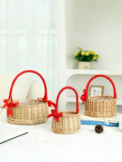 Panier à fleurs tressé rouge à porter à la main, arrangement de vase de fleuriste