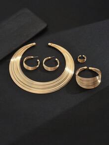 Juego de 4 piezas: 1 collar, 1 par de aretes, 1 anillo, 1 pulsera, conjunto de joyas clásicas retro tradicionales de múltiples capas tipo choker - Amarillo Oro - Ver 15