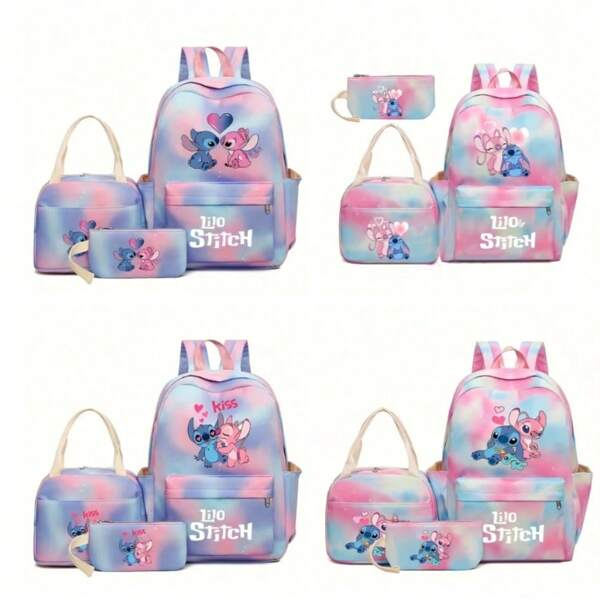 Disney Ensemble de 3 sacs à dos Disney Stitch, style à la mode, nylon durable avec sangles d'épaule réglables, léger, imprimé animal, fermeture à glissière, doublure en polyester, comprend une trousse à crayons, lavage à la main, convient pour l'école et les voyages, indispensables pour la rentrée scolaire