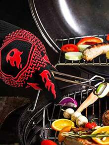 2PCS BBQ Heat Resistant Oven Gloves, BBQ Barbecue Gloves Cut Resistant 1800°F Extremely Heat Resistant Silicone Non-Slip Oven Gloves Microwave Grill High Temperature Resistant Gloves For Kitchen Garden Grilling And Outdoor Cooking Campfire - Red - View 9