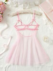 女士粉色睡衣、蝴蝶结装饰、透视露背、露胸、娃娃装、性感内衣、性感内衣裙、新娘内衣 - 淺粉色 - 查看 8