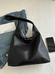 1 Pc Women's Fashion Crescent Woven Shoulder Bag With Inner Coin Purse - Black - View 8