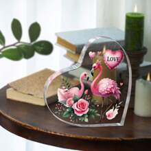 زينة أكريليك قلب بشكل فلامنغو مسطح 2D - بتصميم وردة وبالونات زهرية، مناسب لعيد الحب، عيد الميلاد، الذكرى السنوية، تركيب بدون بطاريات، زينة كلاسيكية بشكل فلامنغو للمكتب المسطح 2D