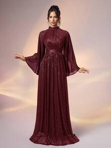 YISIKADO 女士优雅高领亮片撞色雪纺喇叭袖长款晚礼服，适合正式宴会、婚礼宾客、毕业典礼、春季派对等场合。 - 酒紅色 - 查看 5