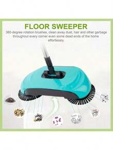 Three-In-One Rotary Hand-Pushed Sweeper With Dustpan And Mop-No Electricity, Adjustable Handle, Suitable For Hard Floors, Ideal For Cleaning Bedrooms, Bathrooms, Kitchens And Living Rooms, Sweeping - 湖藍色 - 查看 2