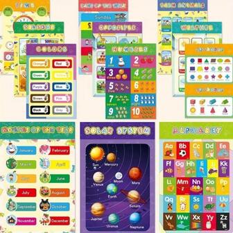 12pcs/16pcs Educational Posters Set Designed For Toddlers And Kids, Suitable For Kindergarten, Daycare And Home Education, Can Be Used As Classroom Decor And Teaching Aids, Great Gift For Boys And Girls On Birthday, Halloween, Christmas